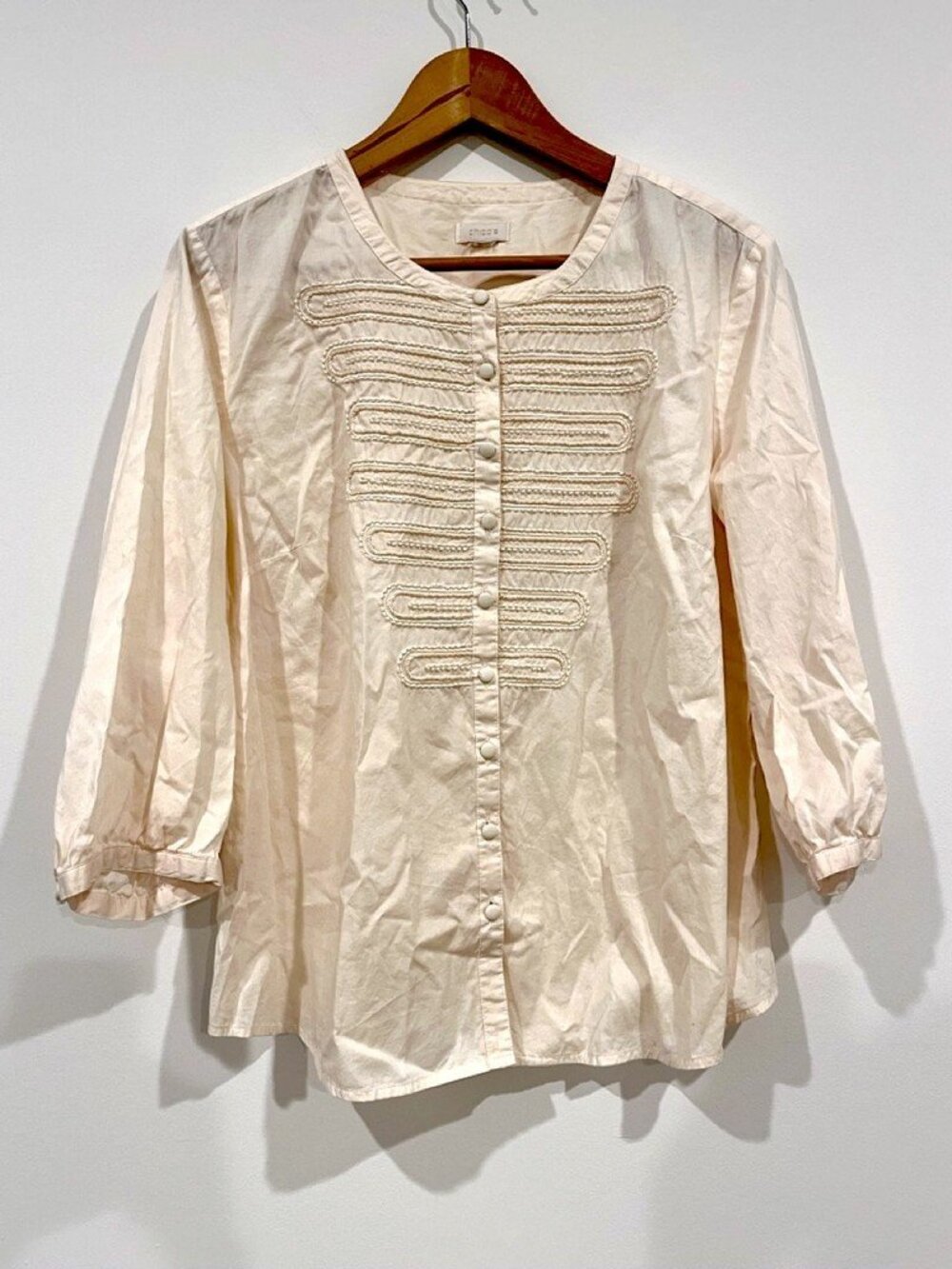 Chico's Military Band Soutache Blouse Button Front Top Cream L/XL Costume